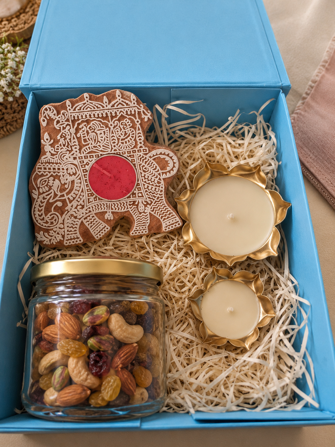 Diwali Gift Hamper with Traditional Elephant Decor, Golden Diya Candles & Dry Fruits | Festive Home Décor Gift