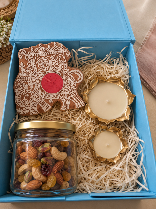 Diwali Gift Hamper with Traditional Elephant Decor, Golden Diya Candles & Dry Fruits | Festive Home Décor Gift